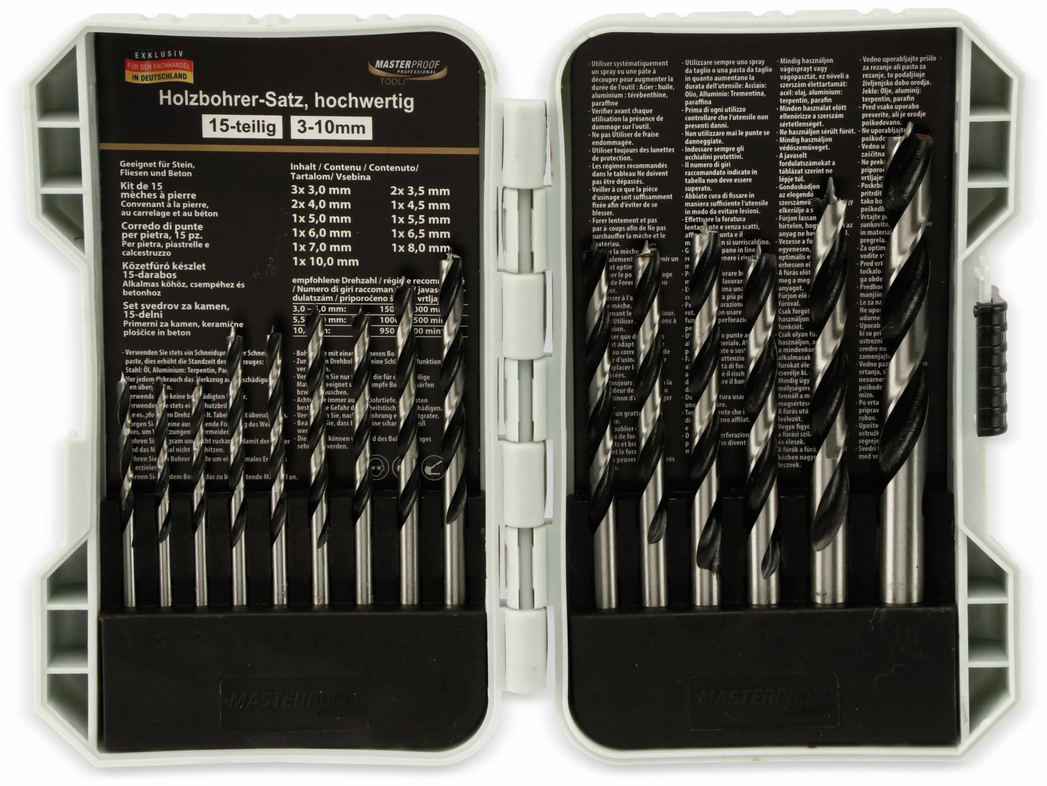 MASTERPROOF Holzbohrer-Satz 15 teilig, 3…10 mm, in Kunststoffbox