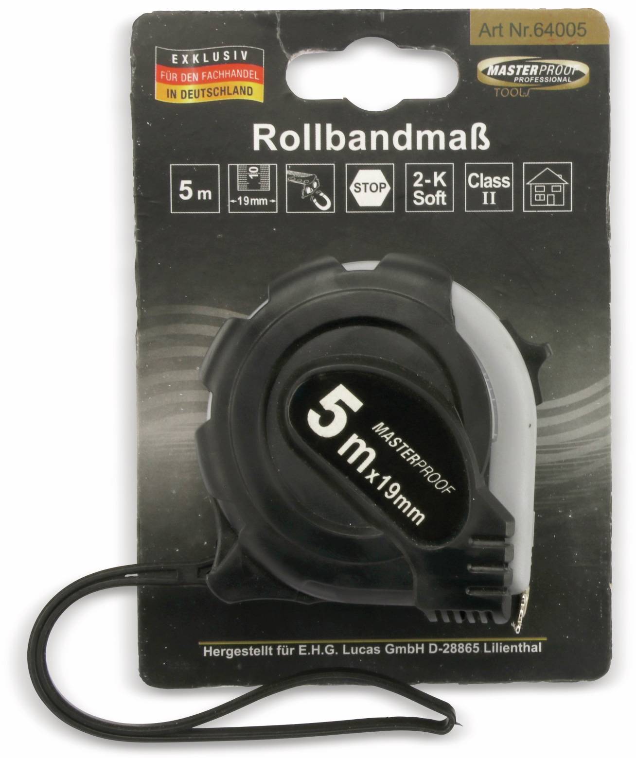 Maßband, 5m x 19mm, schwarz und grau, mit der Aufschrift „Rollbandmaß
