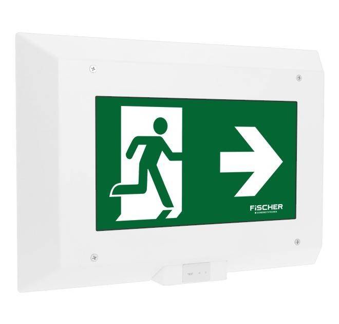 Notausgangsschild mit einer grünen laufenden Figur und einem Pfeil, der nach rechts zeigt und die Richtung zum nächstgelegenen Ausgang angibt.
