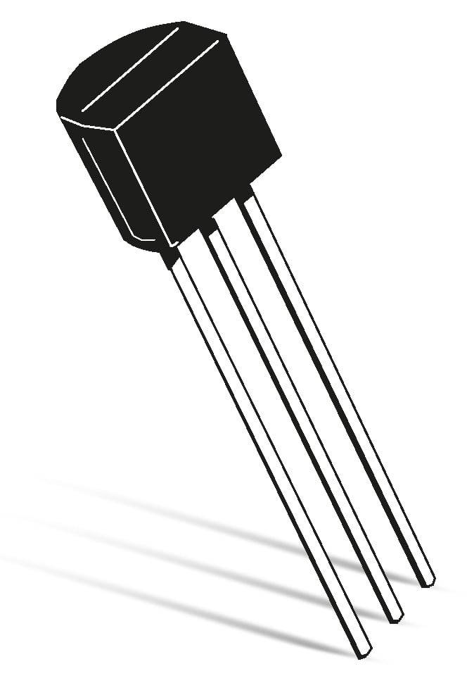 Ein schwarzer Transistor mit drei Metallbeinen, die nach unten verlaufen, wirft Schatten auf weißem Hintergrund.