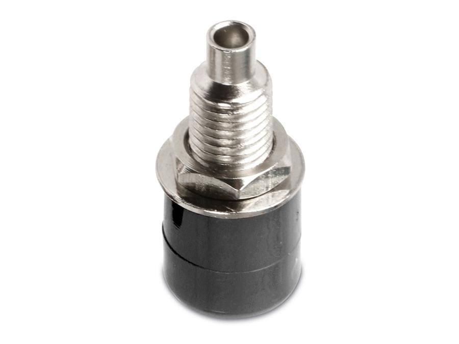 Ein Metallventil mit einem Gewindezylinder und schwarzer Basis, verwendet zur Steuerung des Flüssigkeitsflusses in Maschinen oder Automotivsystemen.