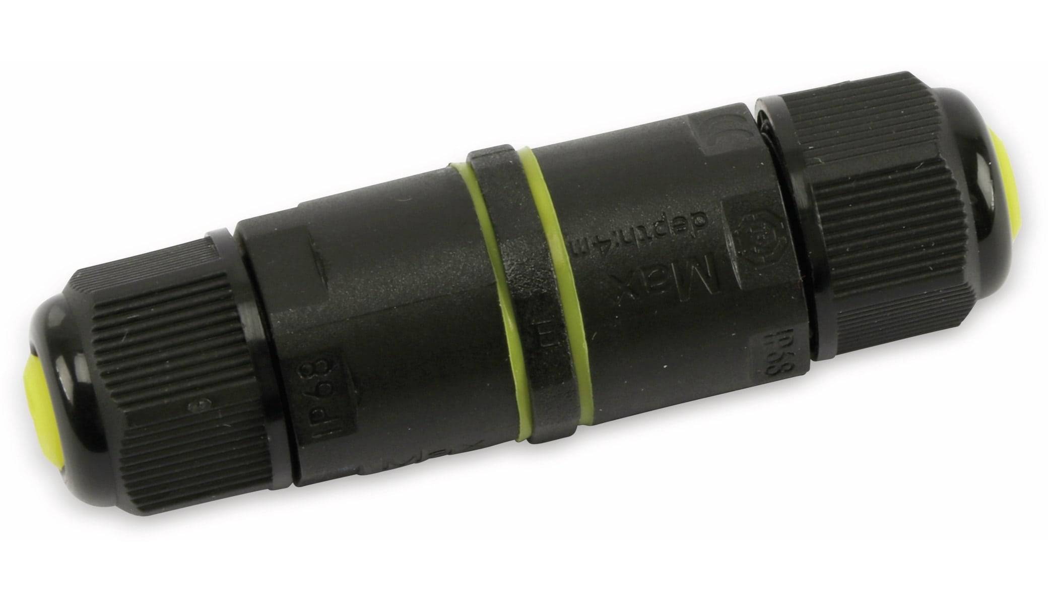 Eine Nahaufnahme eines schwarzen zylindrischen Steckers mit einem gelben Ring und gravierten Markierungen, der zum Befestigen von elektrischen Komponenten verwendet wird.