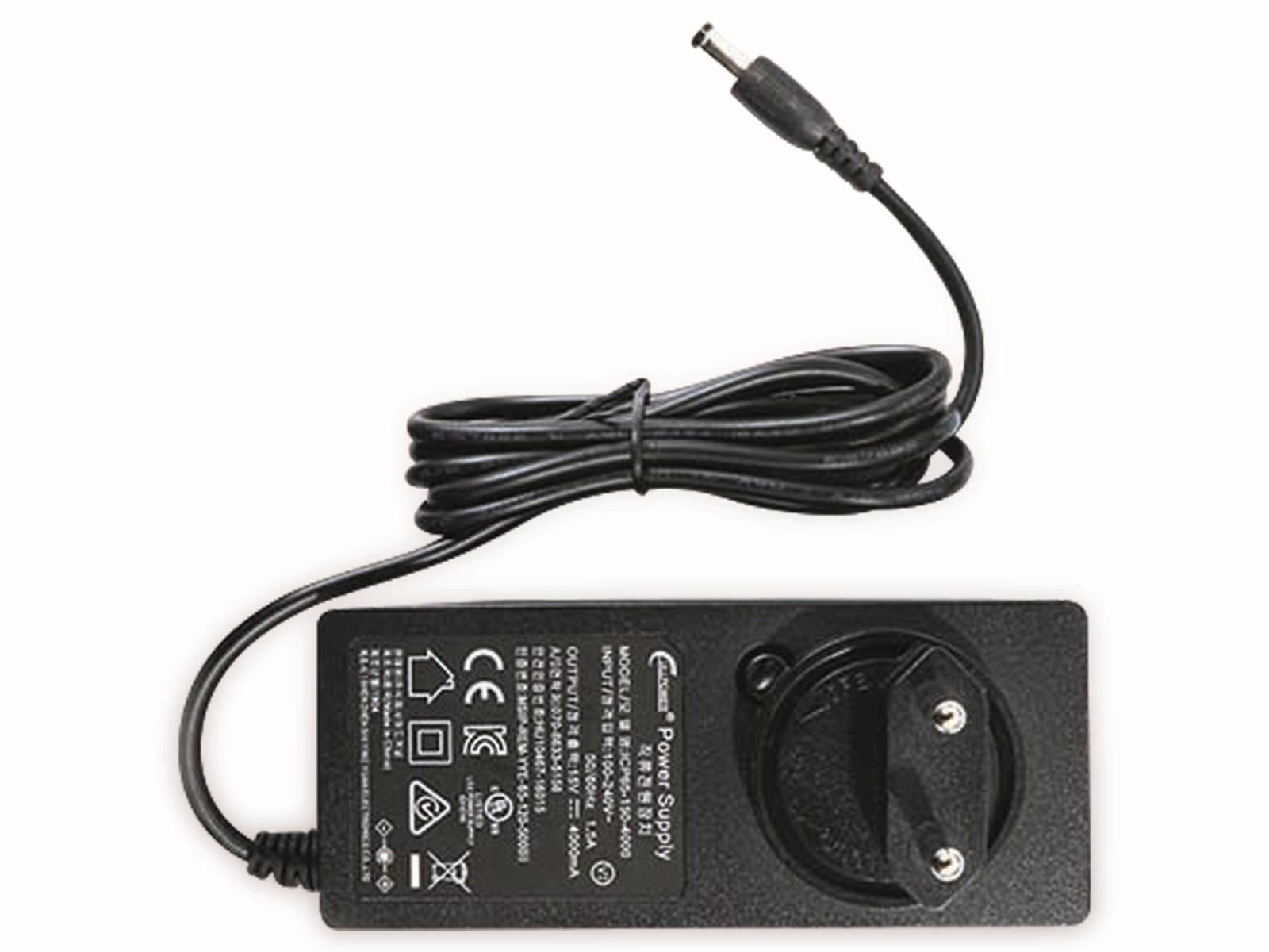 Ein schwarzer Stromadapter mit europäischem Stecker und Kabel zu einem Zylinderstecker, mit technischen Spezifikationen und Sicherheitssymbolen.