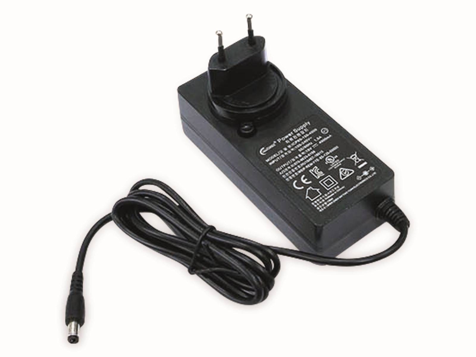 Schwarzes Netzteil mit zweipoligem Stecker und angeschlossenem schwarzem Kabel. Der Text auf dem Adapter zeigt Spezifikationen und Sicherheitszertifizierungen.