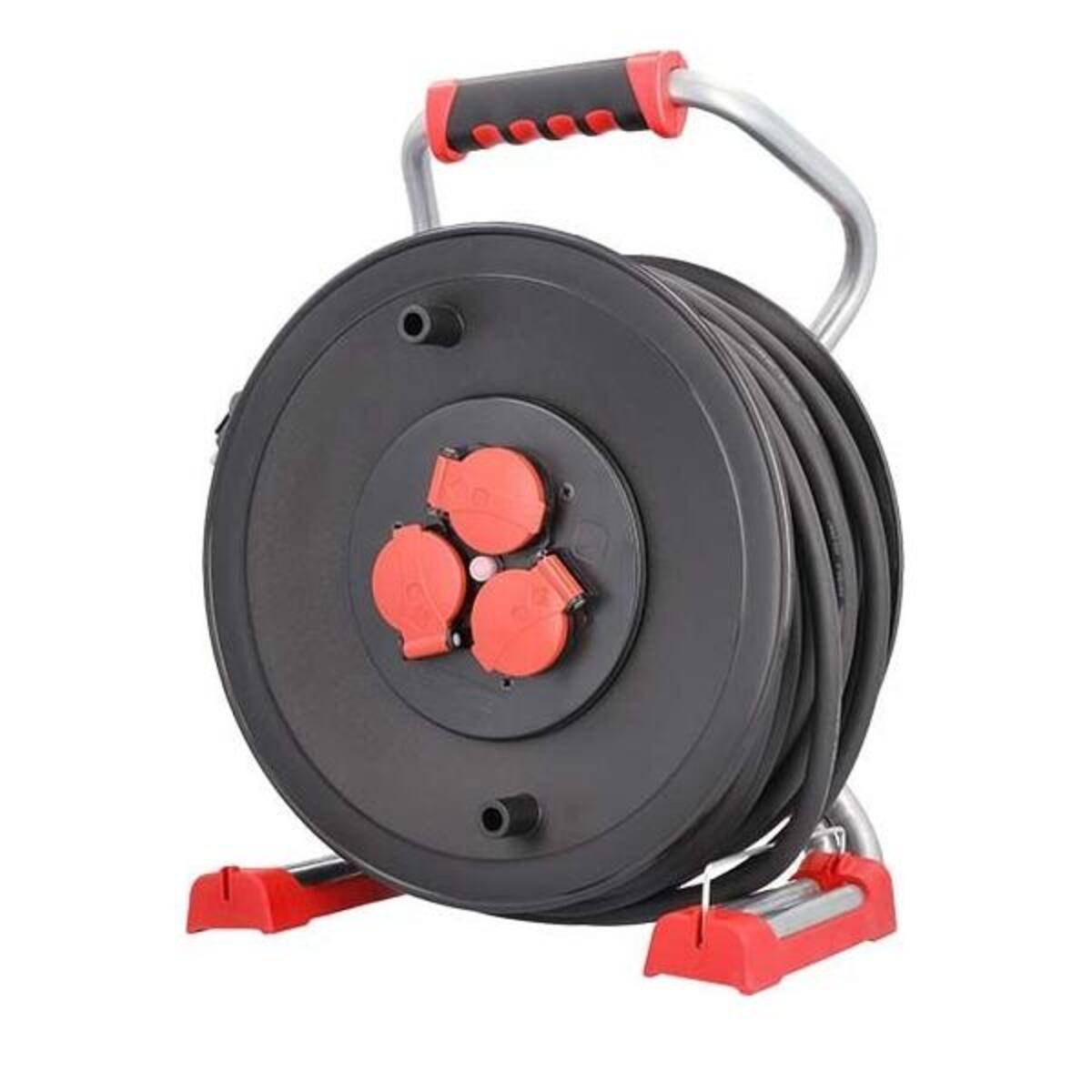 Eine schwarz-rote Kabeltrommel mit drei Steckdosen, montiert auf einem Ständer. Die Trommel ist für die Organisation und Verteilung von Elektrokabeln konzipiert.