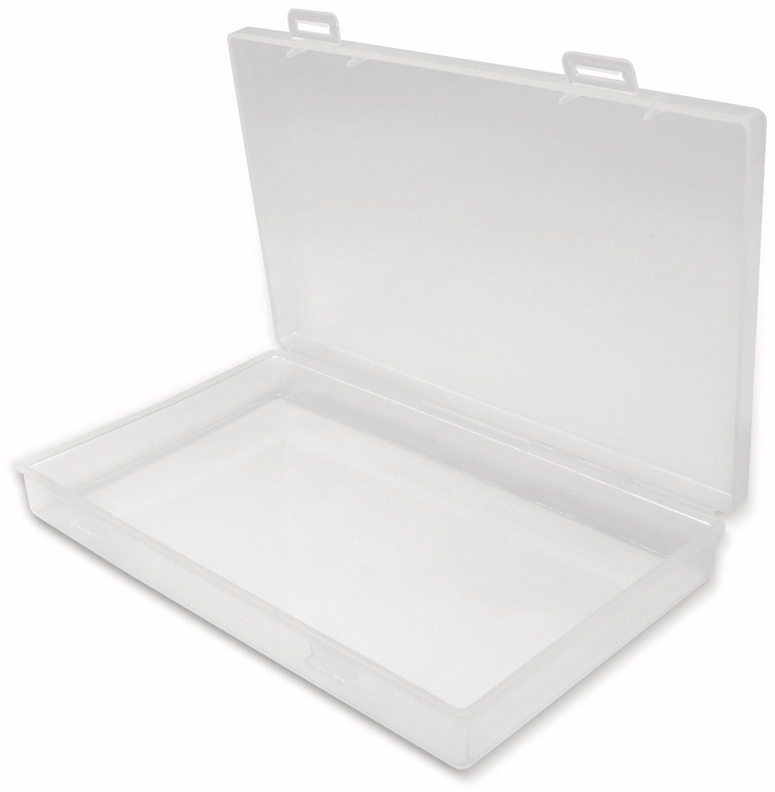 Eine offene, leere, durchsichtige Kunststoff-Aufbewahrungsbox mit Scharnierdeckel, geeignet zum Organisieren kleiner Gegenstände.