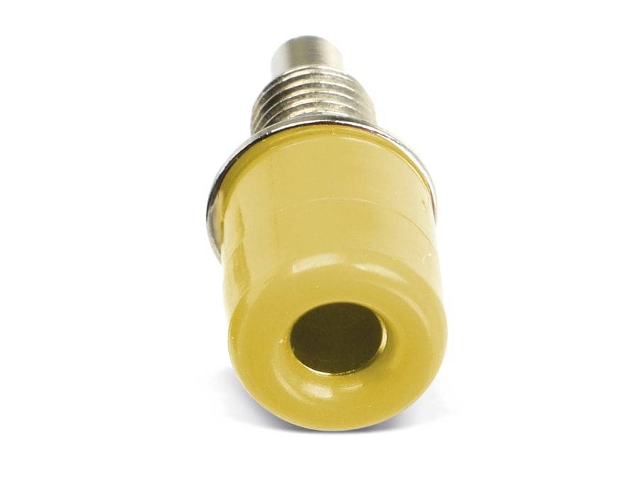 Eine gelbe Zündspule, zylinderförmig mit einem zentralen Loch und Metallgewinde an einem Ende, die in elektronischen Geräten für die Energieübertragung verwendet wird.