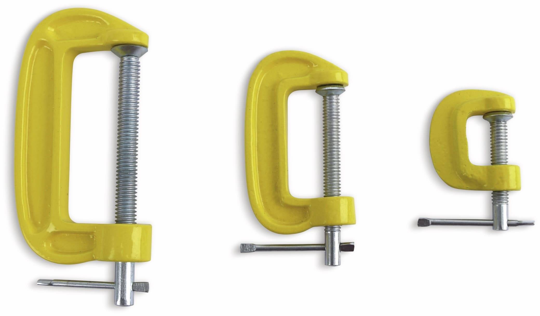 Eine gelbe C-Klemme mit einer silbernen Schraube, von verschiedenen Winkeln aus gezeigt, wird zum Festhalten von Objekten bei Holz- oder Metallbearbeitungsaufgaben verwendet.