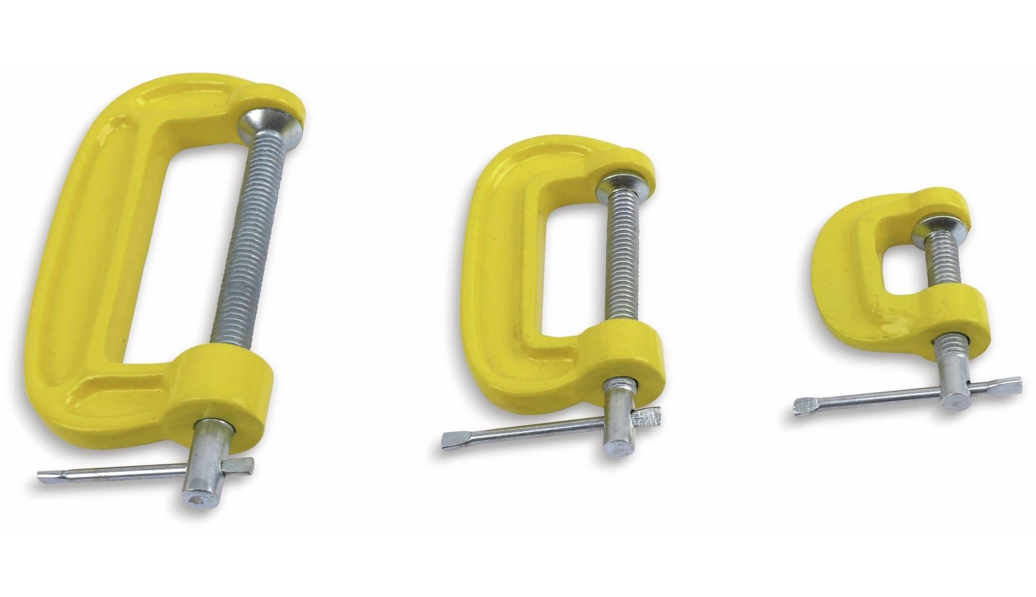 „Zwei leuchtend gelbe G-Zwingen, wobei ein Griff horizontal gedreht ist, vor weißem Hintergrund.