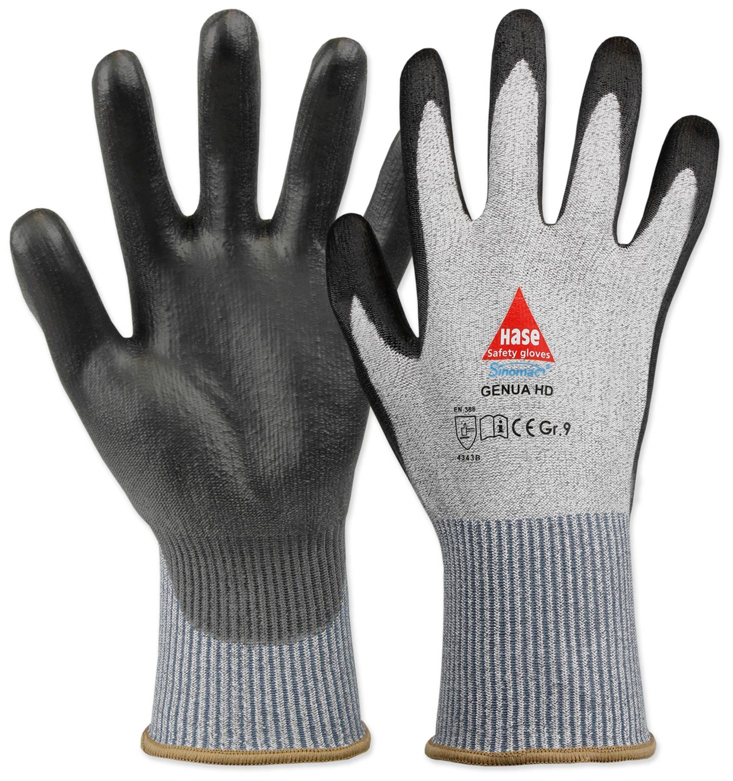 Ein Paar Schutzhandschuhe, grau mit schwarzen Handflächen, die ein rotes Dreieck-Logo mit dem Text „Hase Safety Gloves