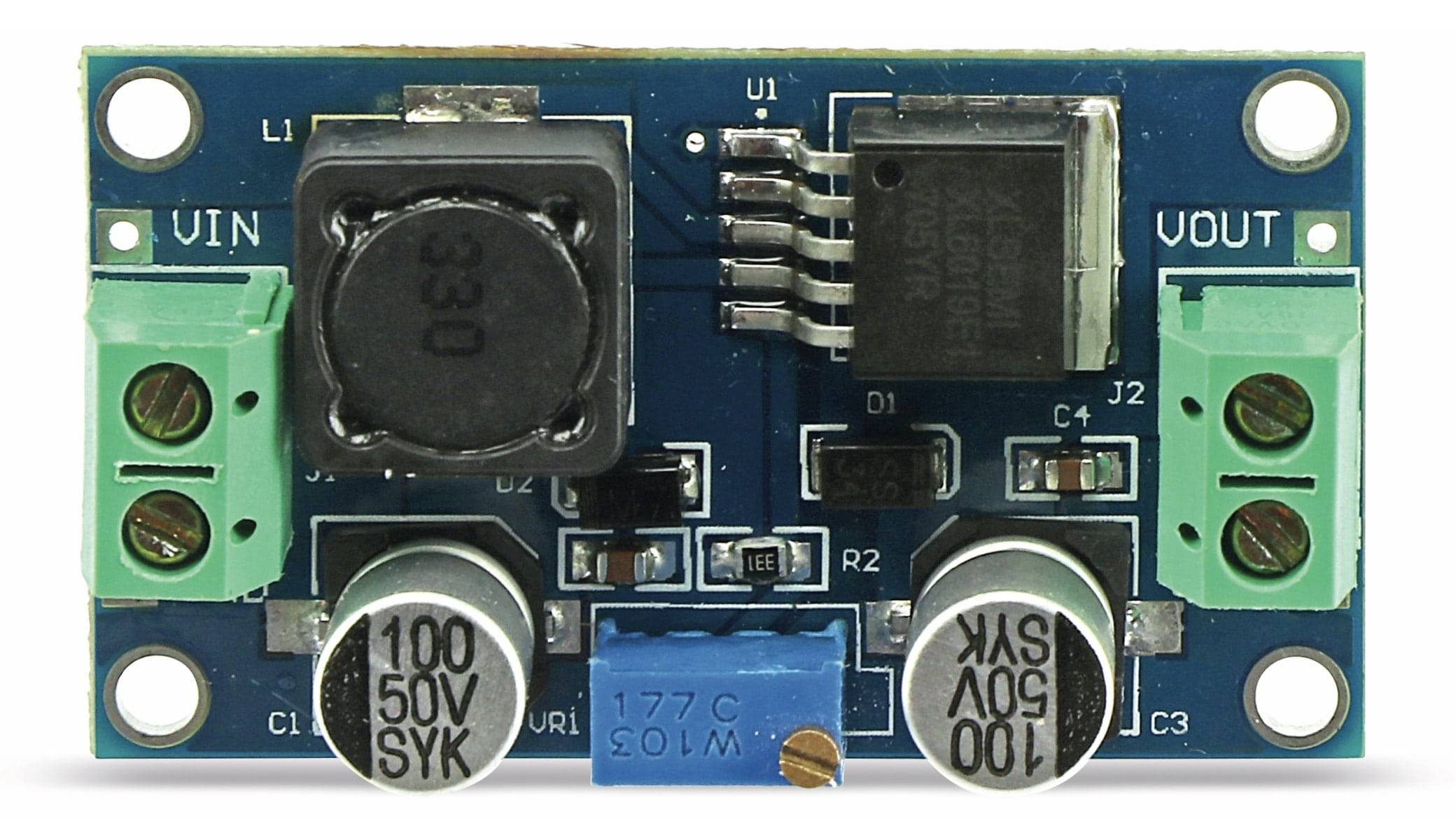 Nahaufnahme einer blauen elektronischen Leiterplatte mit Komponenten: eine mit „330