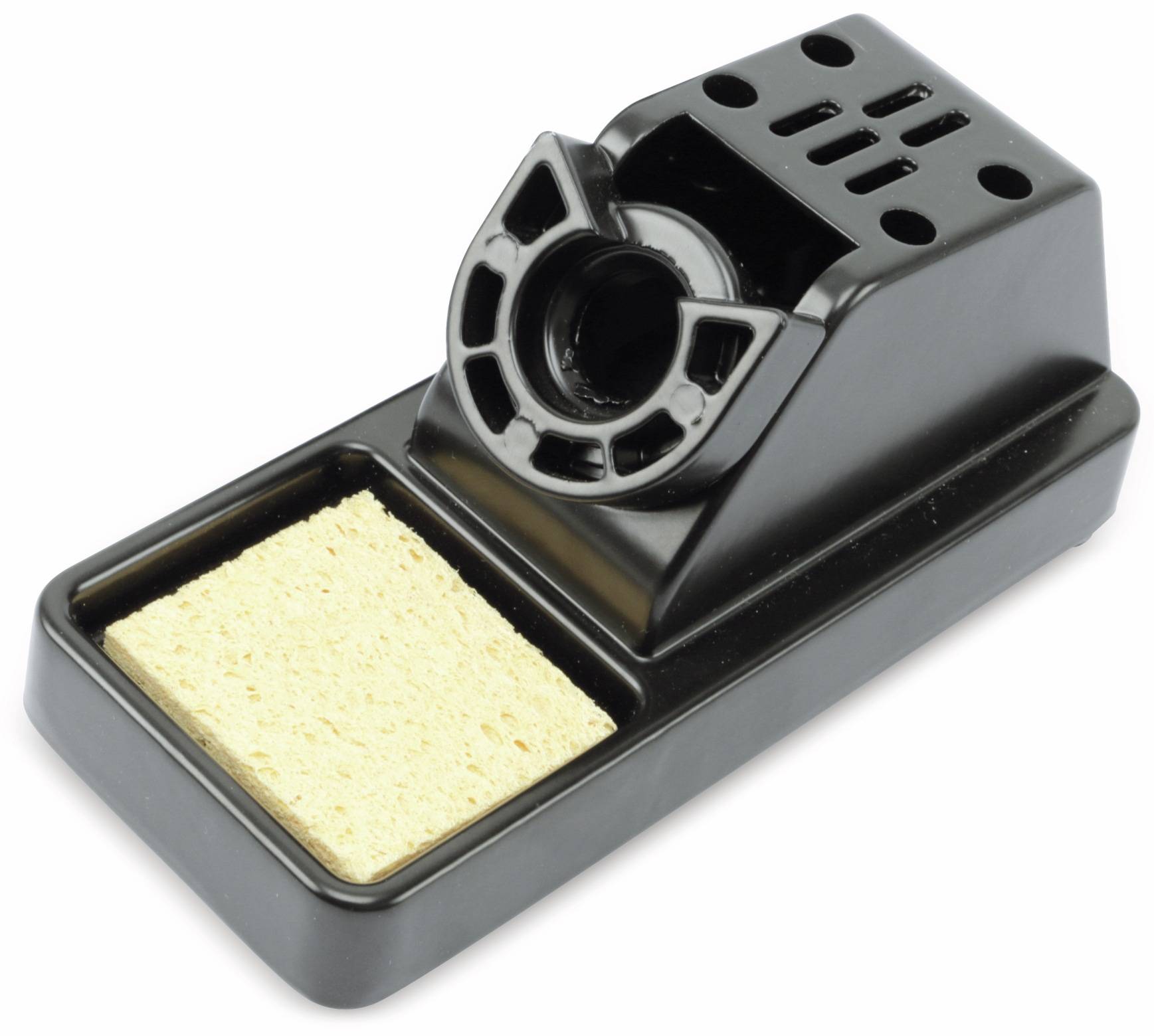 Ein schwarzer Lötkolbenständer mit Schwammfach, entworfen, um den Lötkolben sicher zu halten und die Spitzen mit dem Schwamm zu reinigen.