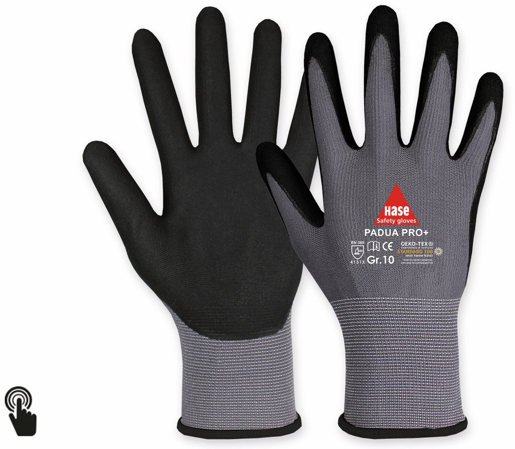 Schwarz-graue Sicherheitshandschuhe mit der Aufschrift „Hase Safety Gloves, PADUA PRO+, 4131X, Gr. 10