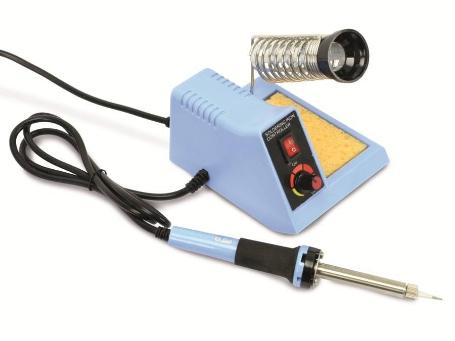 Eine blaue Lötstation mit angebrachtem Ständer und Schwamm, ausgestattet mit einem Drehknopf zur Temperaturregelung und einem Ein-/Ausschalter.