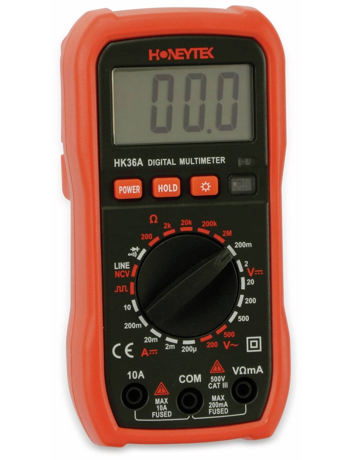 Digitales Multimeter mit rotem Gehäuse, das 0,0 auf dem Display anzeigt. Verfügt über ein Drehwahlschalter mit verschiedenen Messfunktionen.