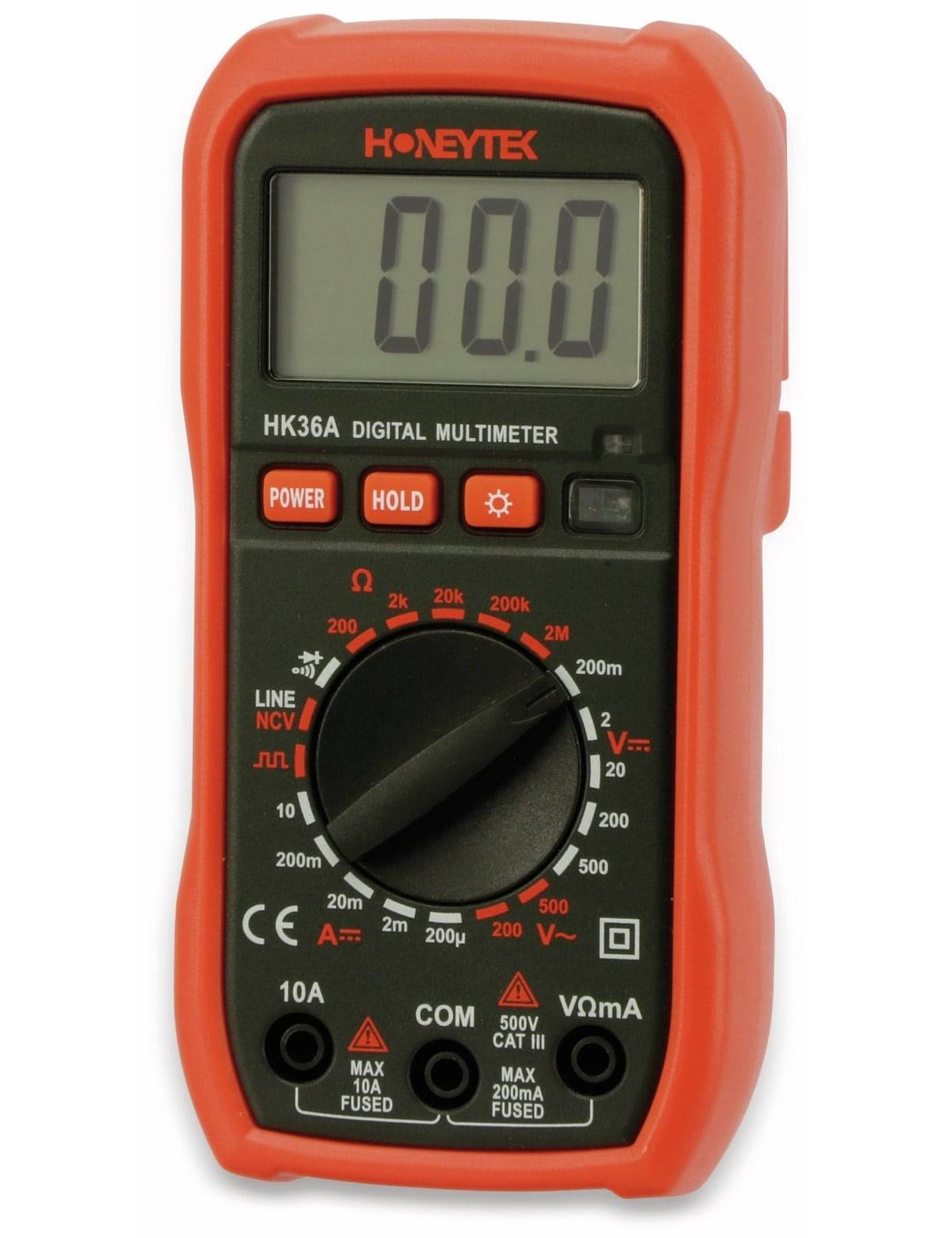 Ein digitales Multimeter mit rotem Gehäuse zeigt eine Anzeige von 
