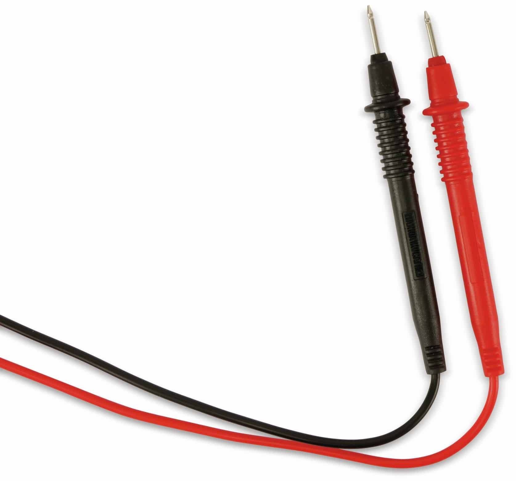 Zwei elektrische Messspitzen, eine rot und eine schwarz, mit spitzen Metallspitzen und angebrachten Drähten, die zum Messen von Spannung oder Strom verwendet werden.