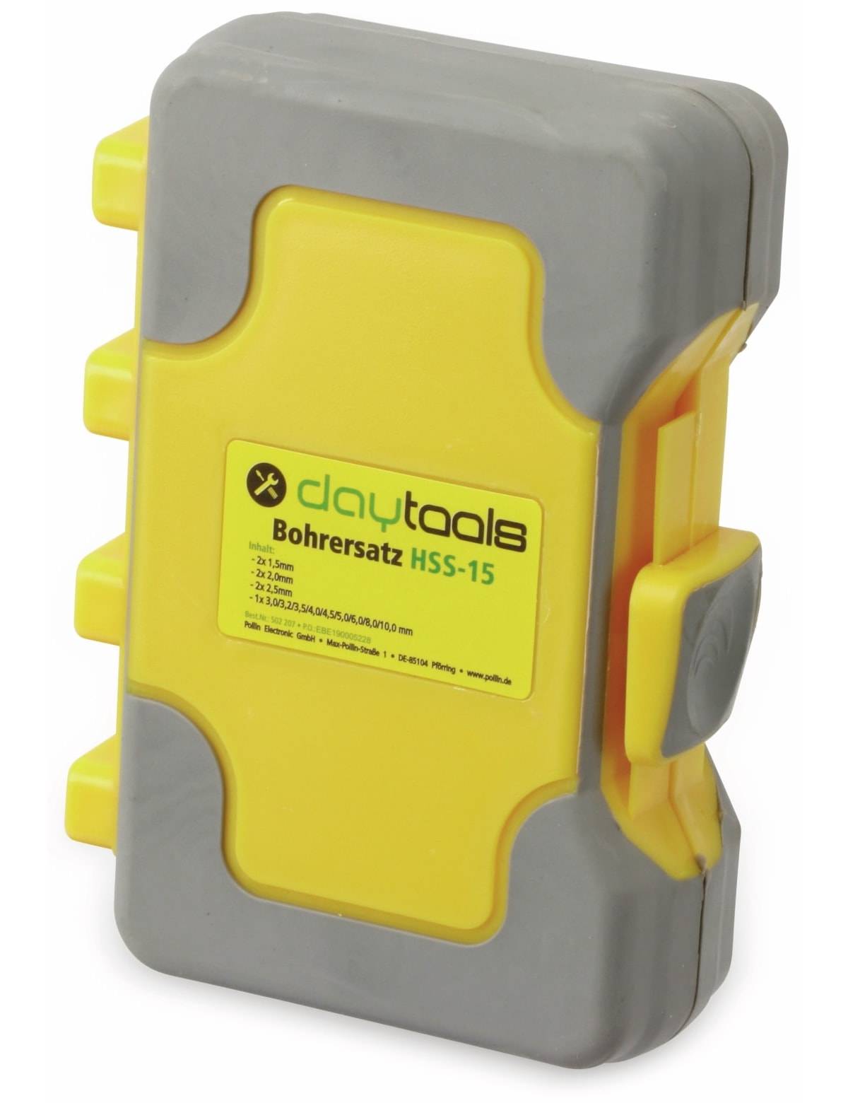 Ein gelbes und graues Etui mit der Aufschrift „Bohrersatz HSS-15