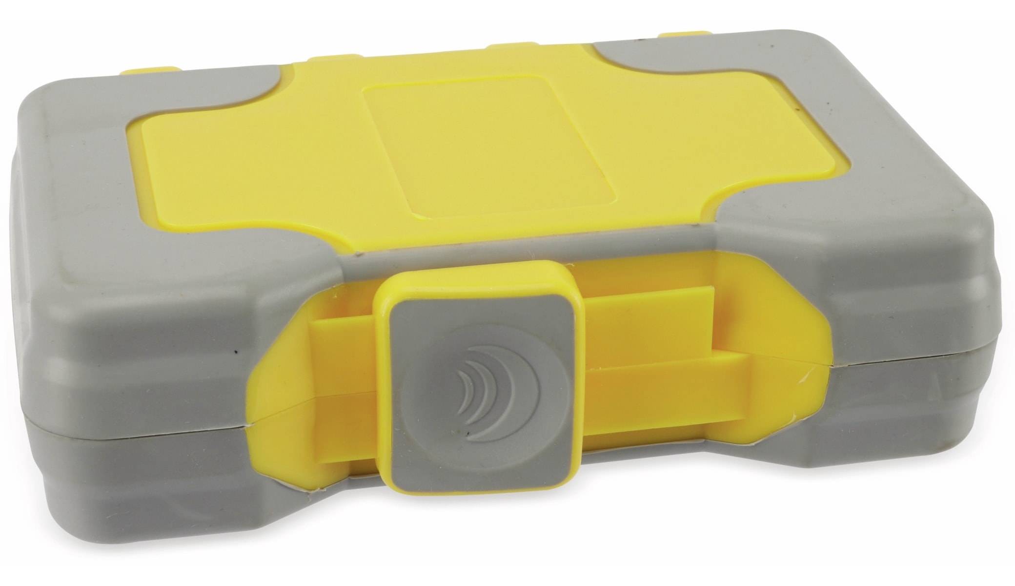 Ein gelber Kunststoffbehälter mit grauem Verschluss und grauem Rand, mit einem kreisförmigen Logo auf dem Verschluss.