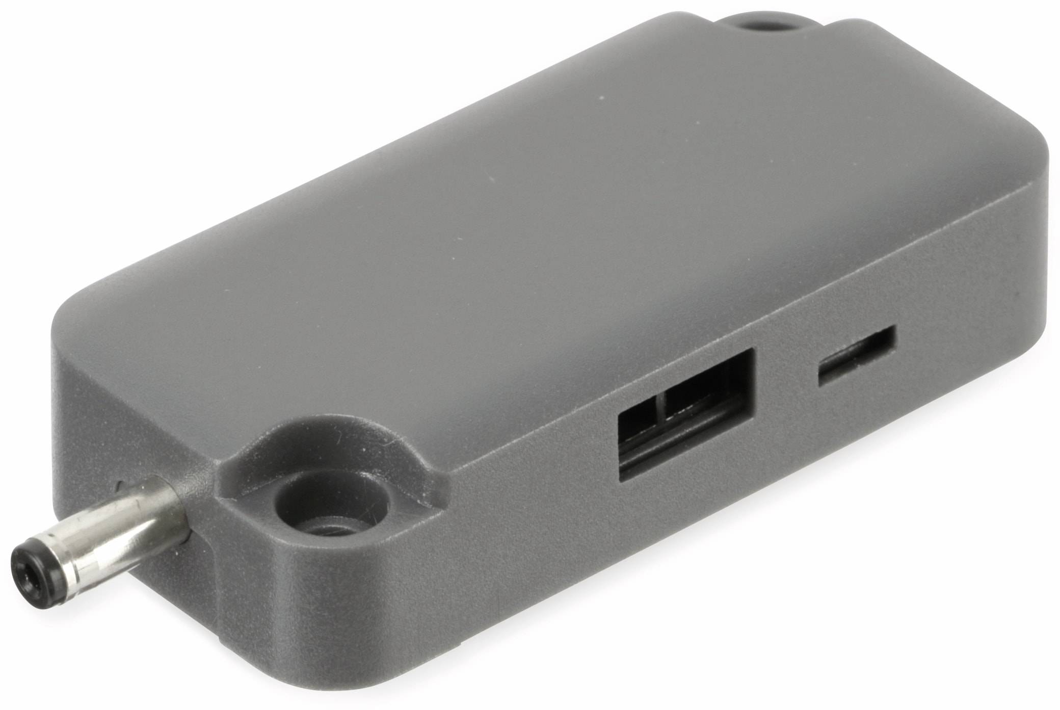 Ein kleines, graues rechteckiges elektronisches Gerät mit zwei länglichen Öffnungen an seinen Seiten, möglicherweise für Konnektivitäts- oder Befestigungszwecke.