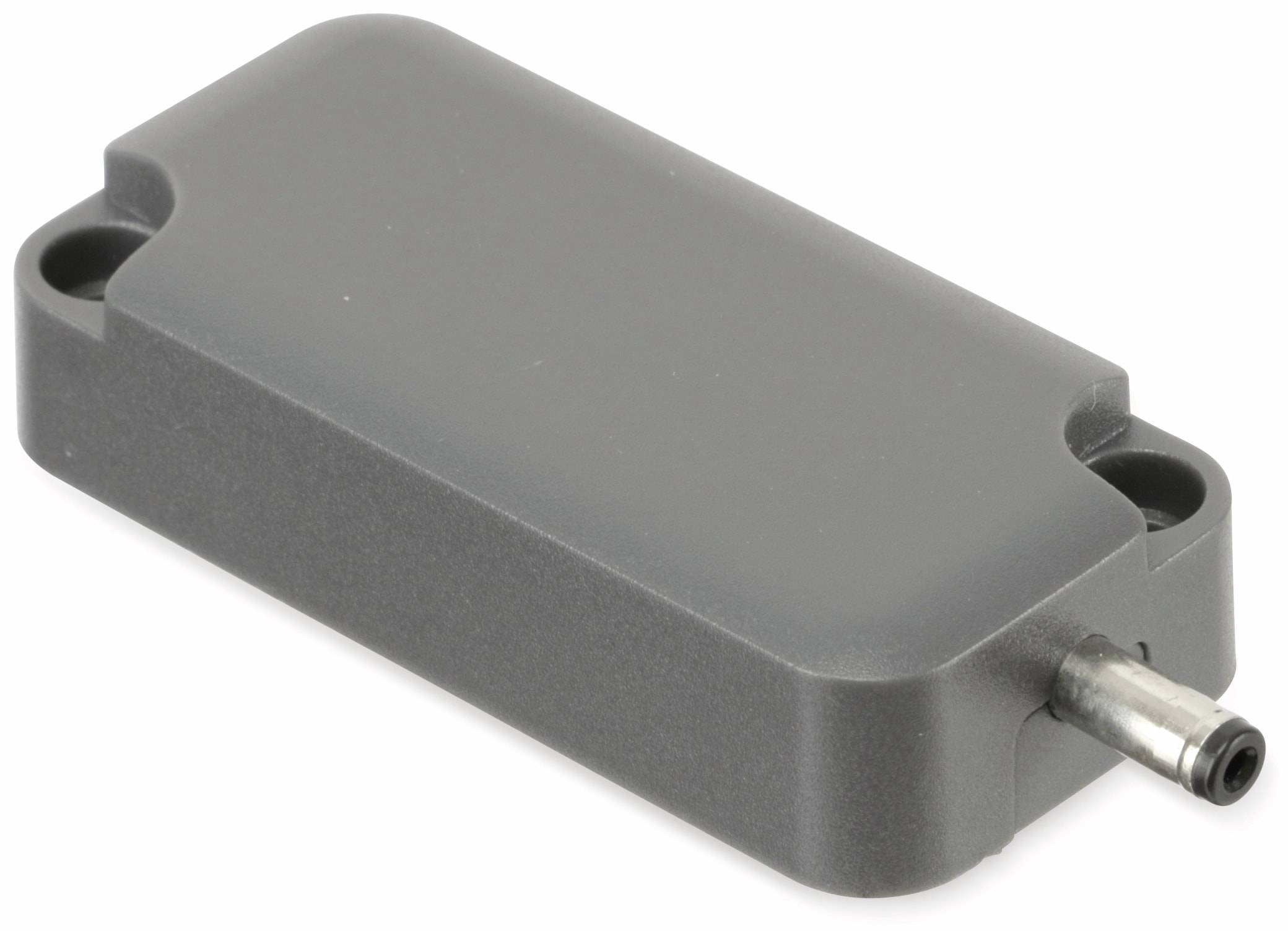 Eine rechteckige graue Powerbank mit einem Ladekabel, das an der Seite befestigt ist.