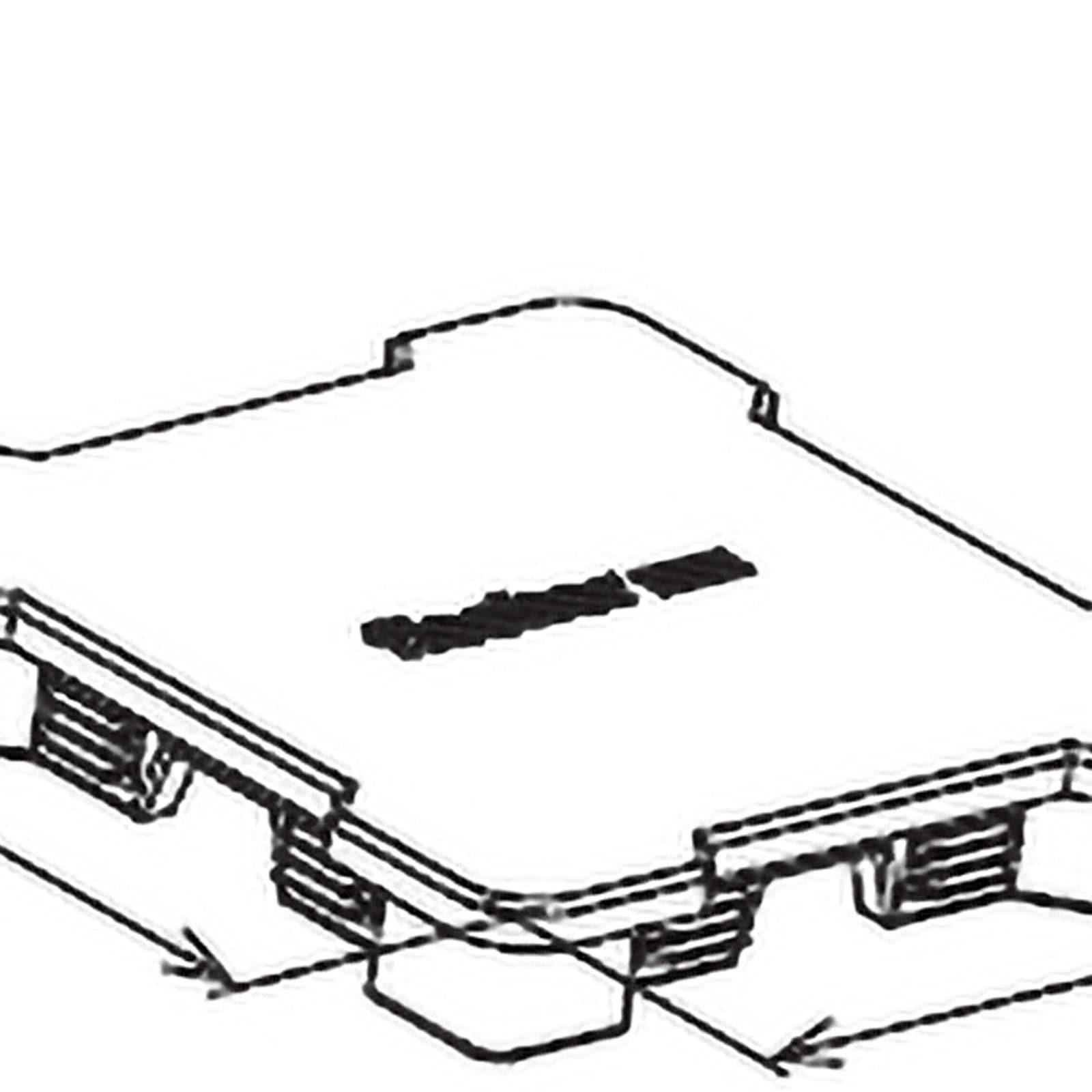 Eine schwarz-weiße Skizze eines Aktenkoffers mit Griffen und Verschluss, aus einem Winkel betrachtet.