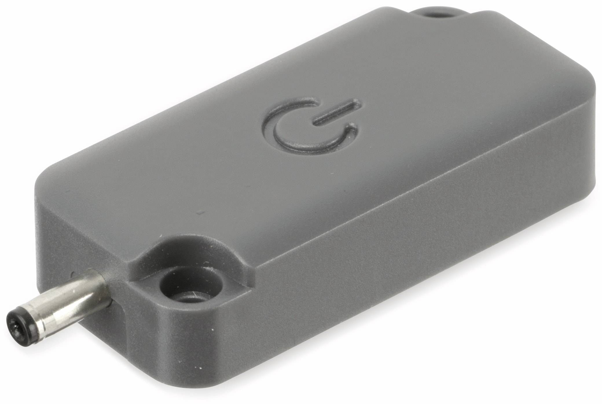 Ein rechteckiges, dunkelgraues elektronisches Gerät mit einem eingraviertem Stromsymbol, das an jeder Ecke Schraubenlöcher aufweist.