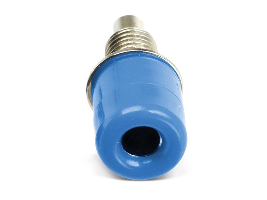 Ein blauer Audio-Klinkenstecker mit einer Metalspitze, von vorne gezeigt, typischerweise für Audiogeräteverbindungen verwendet.