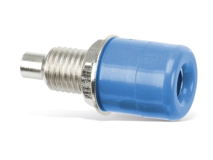 Eine Nahaufnahme eines blau und silberfarbenen Metallsteckers mit einem Gewinde am Ende, das häufig in mechanischen oder elektrischen Anwendungen verwendet wird.