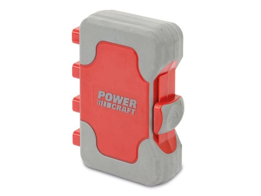 Rot-grauer Elektro-Stromverteiler mit der Aufschrift „Power Craft