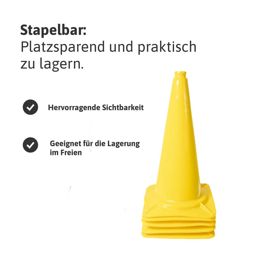 Ein Stapel gelber Verkehrskegel mit Text: „Stapelbar: Platzsparend und praktisch zu lagern. Hervorragende Sichtbarkeit. Geeignet für die Lagerung im Freien.