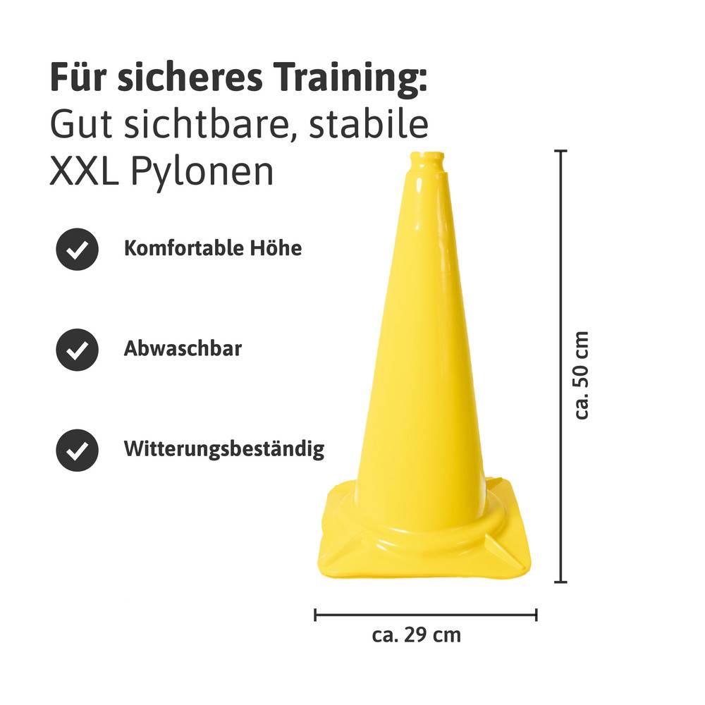 Ein leuchtend gelber XXL-Trainingskegel mit Text: „Für sicheres Training: hochsichtbar, stabil. Waschbar, wetterbeständig, ca. 50 cm hoch, 29 cm breit.