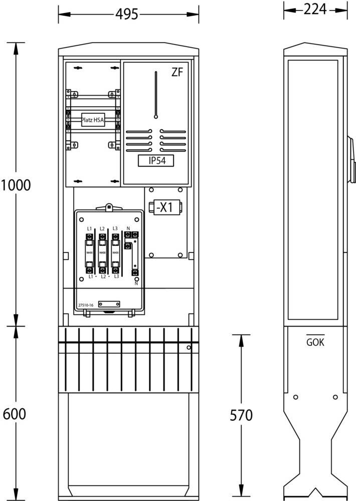 Technische Zeichnung einer elektrischen Schalttafel mit beschrifteten Abschnitten: Z1, Platz HSA, IP54, X1. Abmessungen angegeben: 1000mm, 600mm, 570mm.