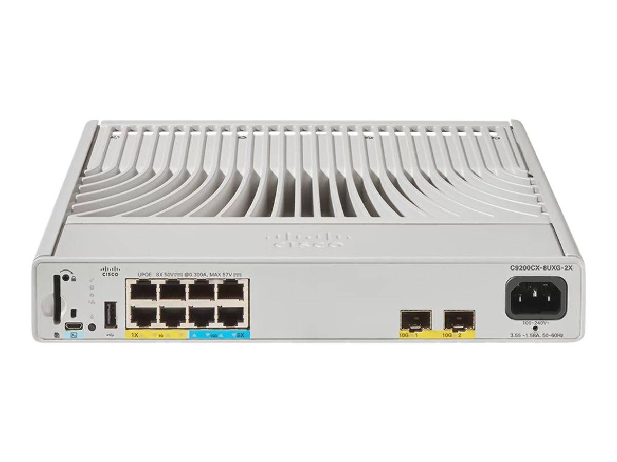 Vorderansicht eines Cisco-Netzwerk-Routers mit mehreren Ethernet-Anschlüssen, USB und Stromeingang auf einem hellgrauen Gehäuse.