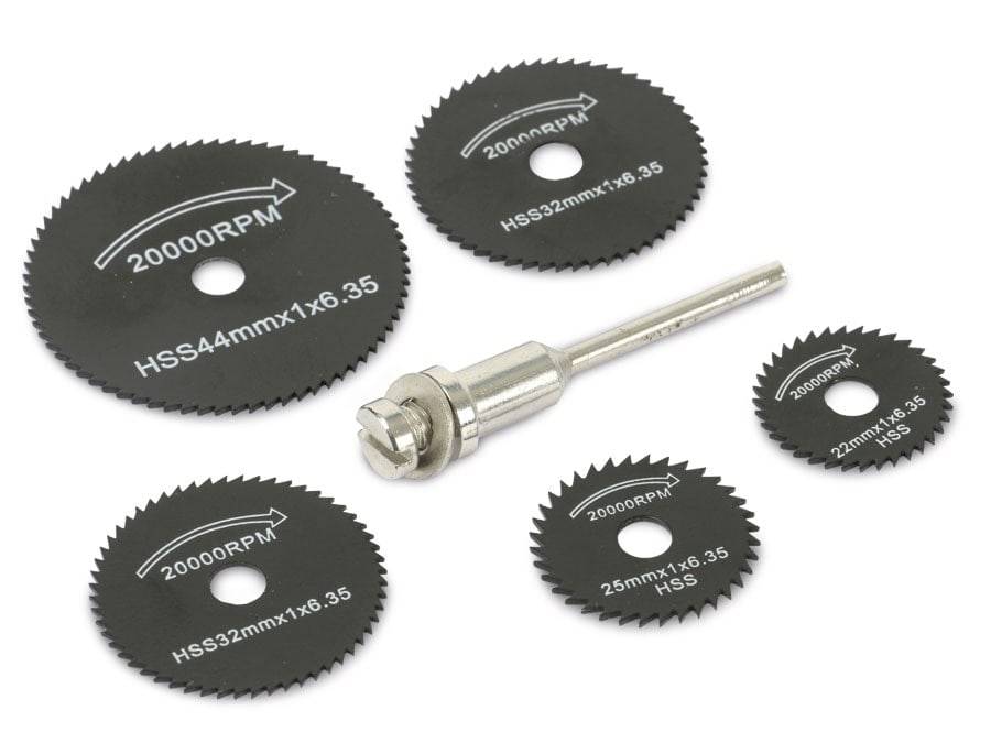 Ein Satz Kreissägeblätter mit einer Spindel; Etiketten geben die Größen an: 32mm und 44mm und eine maximale Drehzahl von 20.000 U/min.