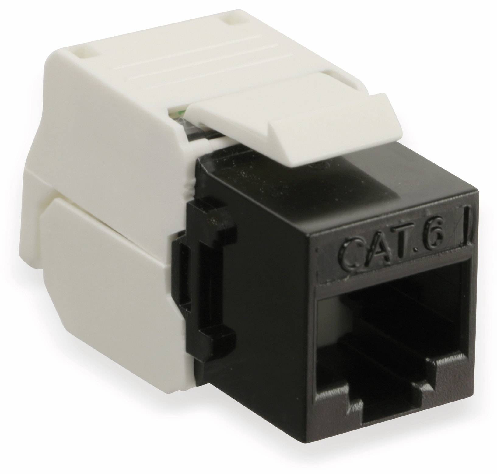 Ein weiß-schwarzer CAT.6-Keystone-Stecker, der für Ethernet-Kabelverbindungen verwendet wird, mit einem RJ45-Anschluss auf der Vorderseite.