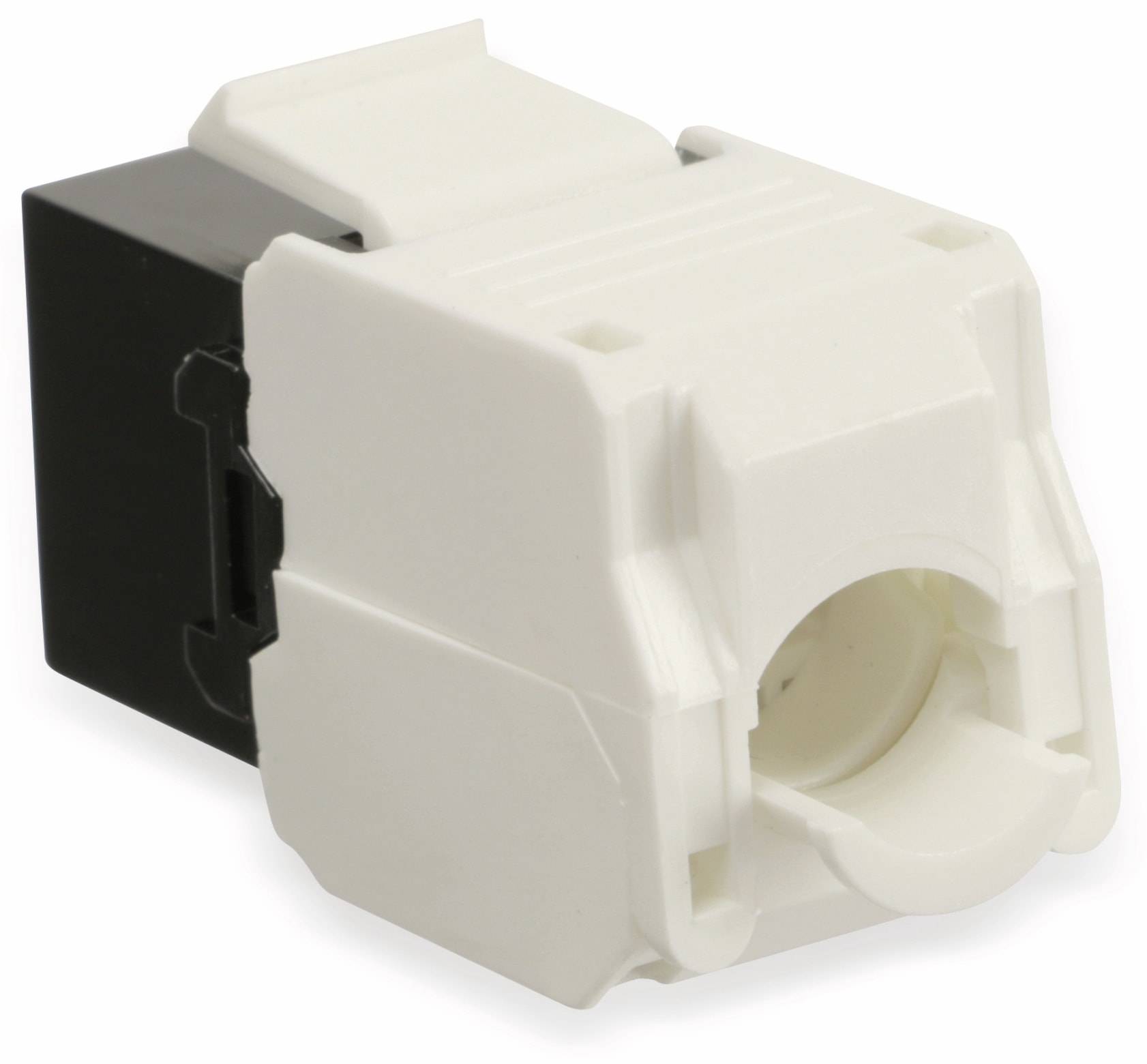Weiß-schwarze koaxiale Keystone-Einsatz mit F-Stecker-Adapter, verwendet in Wandplatten zum Verbinden von Koaxialkabeln.
