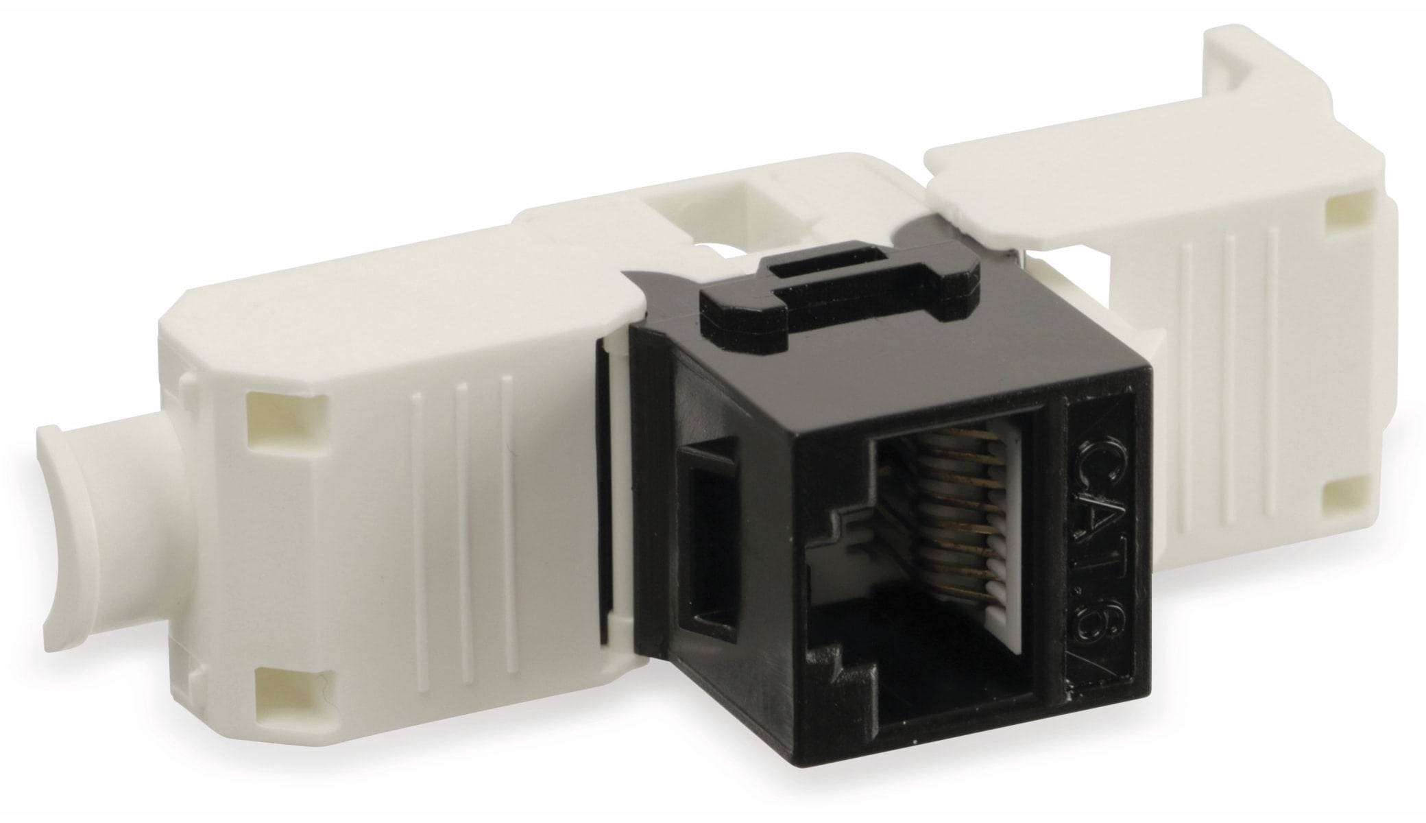 Eine Nahaufnahme einer schwarzen Ethernet-Keystone-Buchse mit weißem Gehäuse, die die internen Verdrahtungskavitäten zeigt.