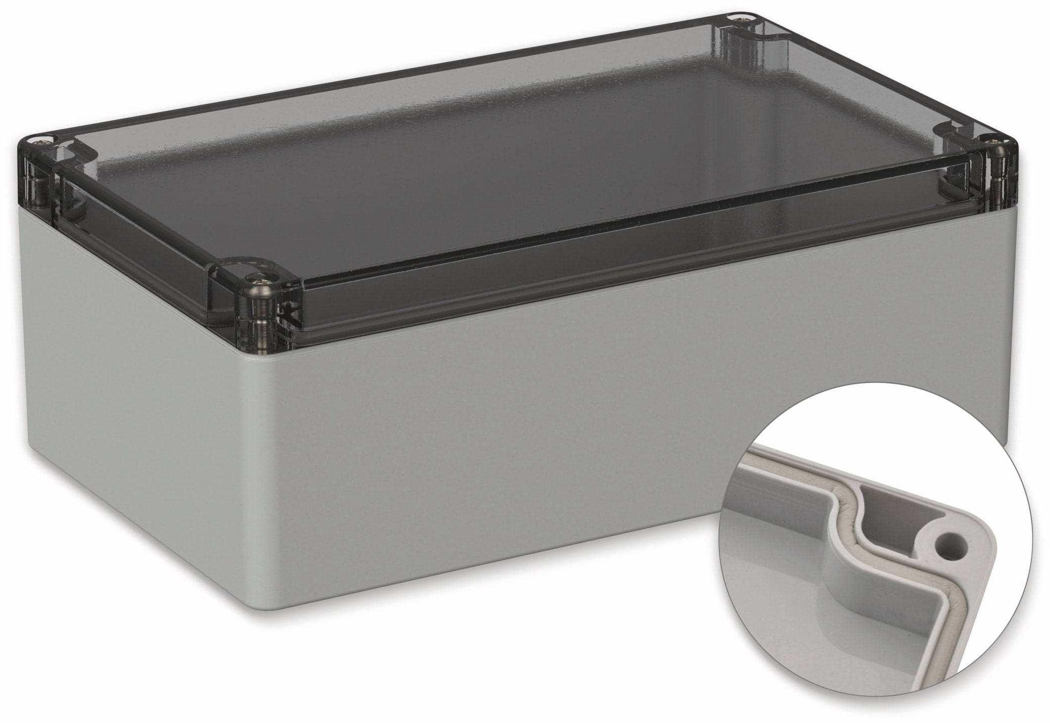 POLLIN, Polycarbonat Gehäuse, 200 x 120 x 75 mm, IP66, Lichtgrau, Glasklarer Deckel