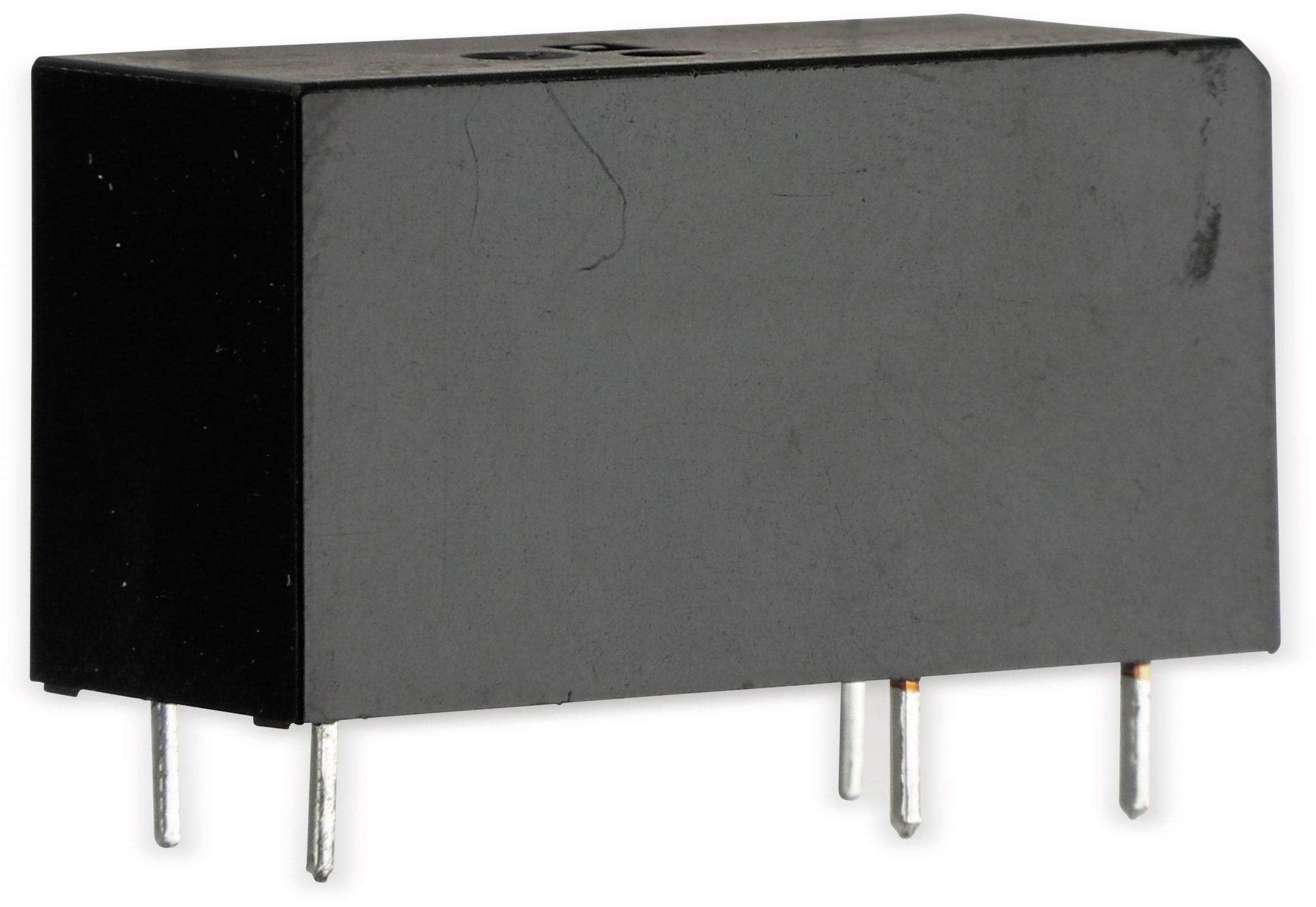 Ein kleines schwarzes elektronisches Bauteil mit drei Metallstiften für elektrische Verbindungen.