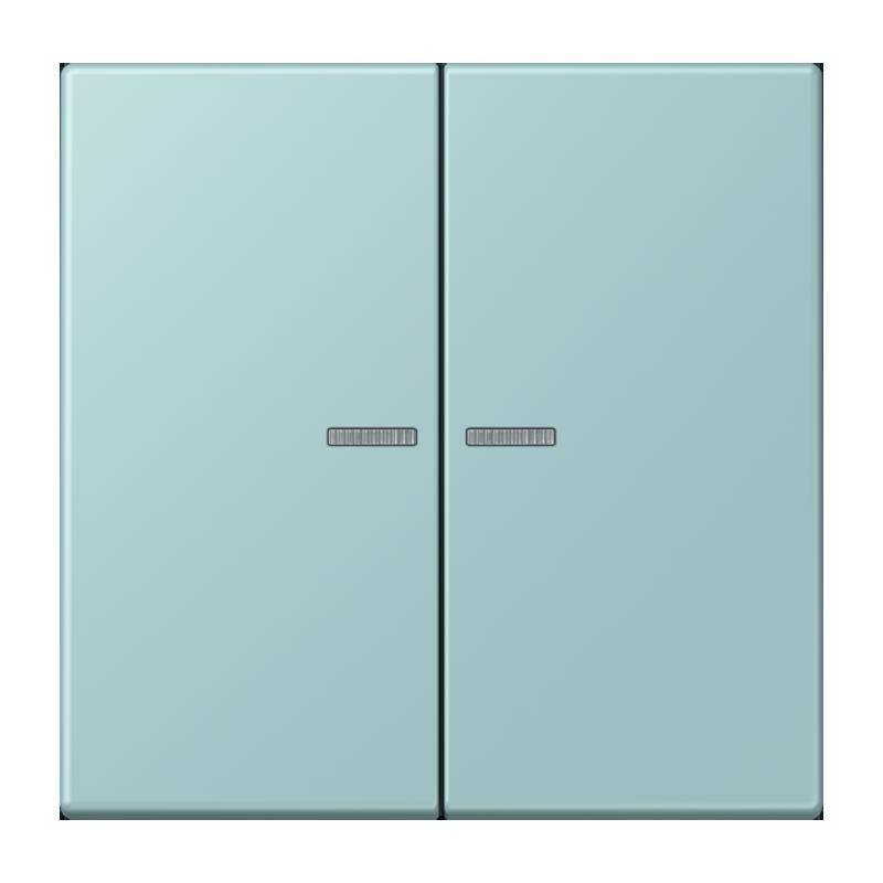 Zwei geschlossene, hellblaue Türen mit mittig angebrachten silbernen Griffen, in einem minimalistischen und schlichten Design, was an einen modernen Schrank oder Spind erinnert.