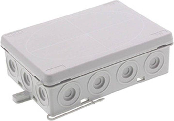 Eine graue elektrische Verteilerdose mit mehreren kreisförmigen Ausbrüchen an ihren Seiten, die zur Unterbringung und zum Schutz von Kabelverbindungen konzipiert ist.