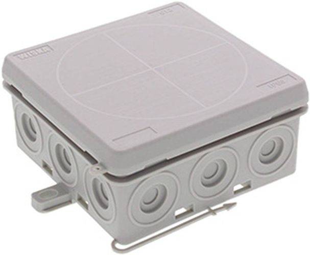 Eine graue elektrische Verteilerbox mit mehreren kreisförmigen Öffnungen für Kabeleinführungen an den Seiten und einem abnehmbaren Deckel oben.