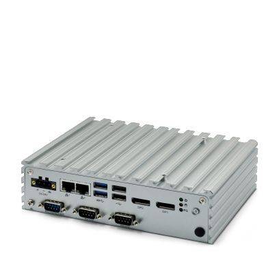 Ein kompakter Industriecomputer mit mehreren Anschlüssen, einschließlich USB, HDMI, Ethernet und seriellen Schnittstellen, in einem robusten grauen Gehäuse.