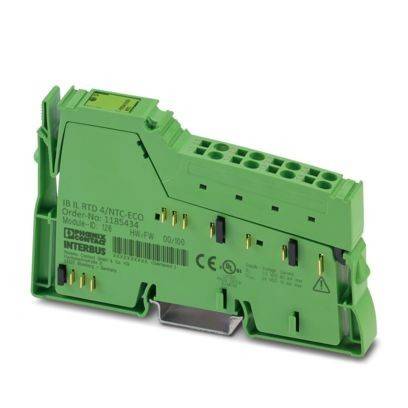 Grünes Interbus-Modul mit mehreren Anschlussanschlüssen und auf der Seite aufgedruckten technischen Spezifikationen, das für industrielle Anwendungen verwendet wird.