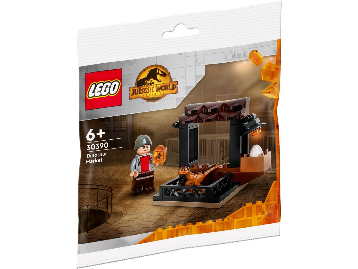LEGO Jurassic World Dinosaurier-Markt-Set Verpackung mit einem kleinen Dinosaurier mit einem Ei, einer Minifigur und Zubehör für Kinder ab 6 Jahren.