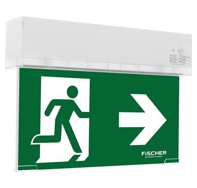 Fluchtwegeschild mit einer laufenden Figur und einem Pfeil nach rechts, der die Richtung zum Notausgang anzeigt.