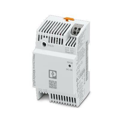 Eine weiße Phoenix Contact STEP POWER Stromversorgungseinheit mit Modellnummer Cycling mit 12V 5A Ausgang, die eine DC OK LED und Anschlussklemmen zeigt.
