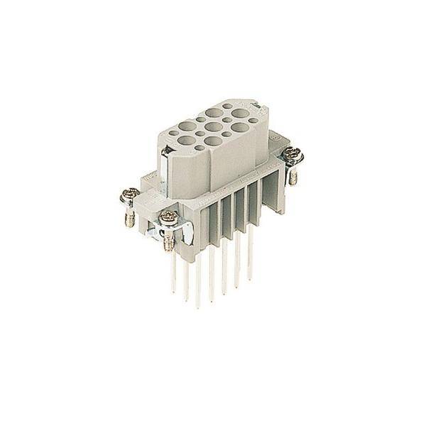 Ein weißer rechteckiger elektrischer Anschluss mit mehreren Metallstiften und Schraubanschlüssen, der typischerweise für industrielle Verdrahtungsanwendungen verwendet wird.