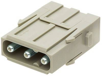 Eine Nahaufnahme eines beigen elektrischen Anschlusses mit drei Stiften, der typischerweise für sichere elektrische Verbindungen in verschiedenen Geräten verwendet wird.